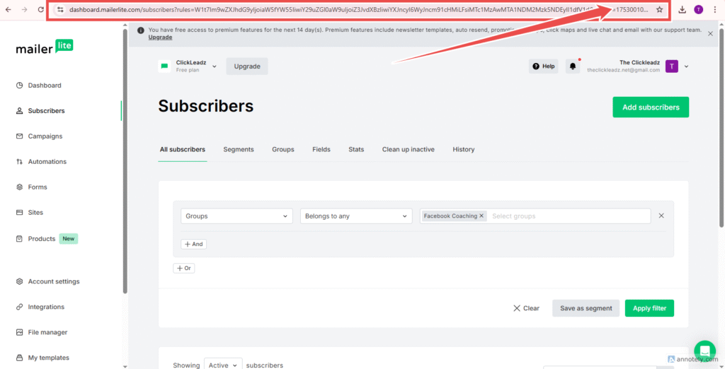 Step - 1 The Integration of Clickleadz with Mailerlite in order to nurture your Facebook groupleads with a click to leads